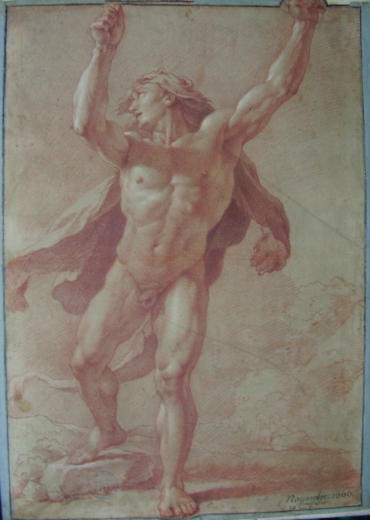 Nicolas-Pierre LOIR, Hercule vêtu de la peau du lion de Nemée, les deux bras levés (1666) 