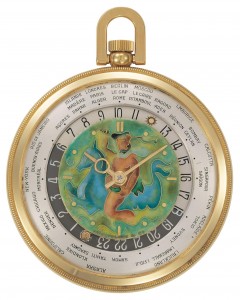 Patek Philippe & Cie, Genève,  N° 930’365, Réf. 605 HU  Montre d’habit de type découverte à remontage au pendant à Heures Universelles indiquant le nom de 42 villes, régions ou pays du monde avec cadran en émail cloisonné polychrome représentant Neptune chevauchant un hippocampe - 1945.  Délivrée le 14 novembre 1945 à Th. Beyer, Zurich (Suisse).
