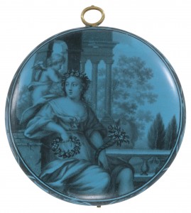 "Flore et Cupidon" Montre bassine en "grisaille" sur fond bleu mourant - Henry Grendon, Londres. Email attribué à un atelier huguenot établi à Londres - vers 1645-50.   