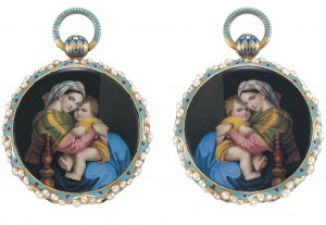 "La Madonna della Sedia" d’après Raphaël (1483-1520) Paire de montres "chinoises" se faisant pendant. Déclenchement des automates et de la musique au passage de l’heure ou à la demande - Piguet & Meylan, Genève. Email attribué à Jean-Abraham Lissignol, Genève - vers 1820.