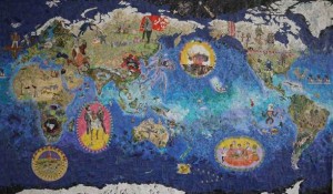 Chang Yoong Chia, The World Is Flat, Timbres collés, 84 x 134 cm, 2010, présenté par la Galerie Richard Koh Fine Art KL