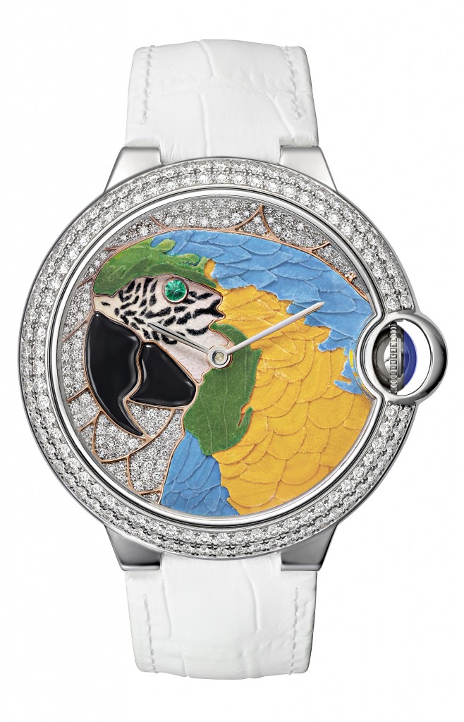 Montre Ballon Bleu de Cartier perroquet en marqueterie florale
