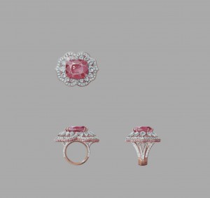 Or rose, diamants ronds, tailles poire et baguette, diamants roses, un saphir rose taille coussin de 28,96 carats (origine : Sri Lanka).