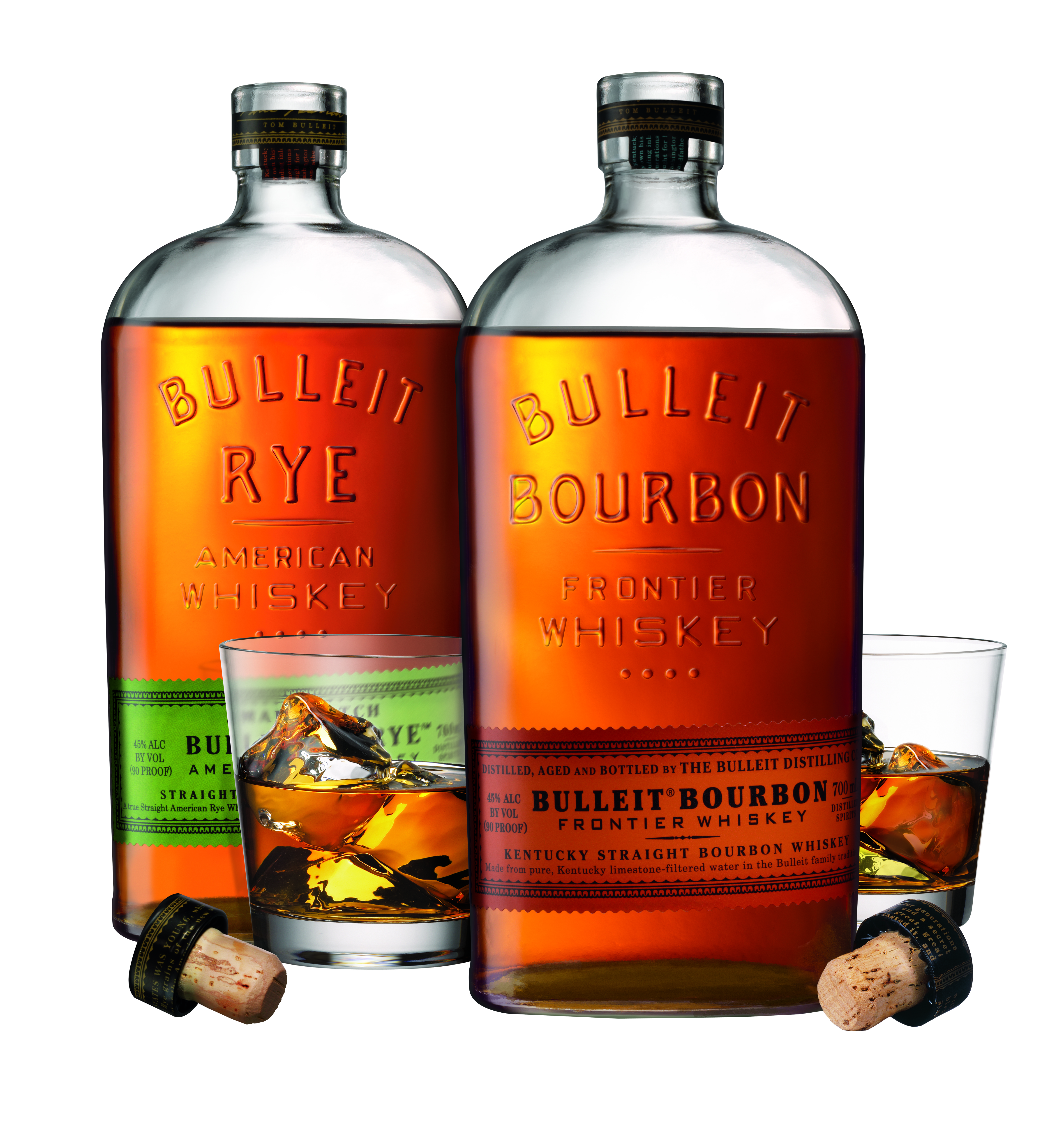 BULLEIT Rye et BULLEIT Bourbon avec verres et bouchons