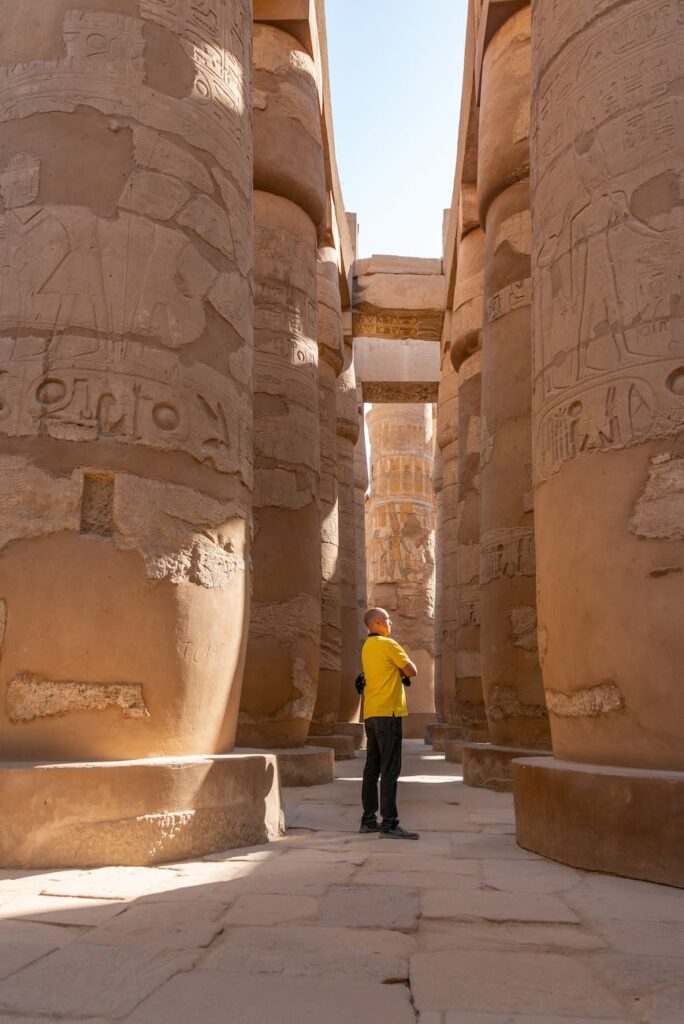 man standing between pillars in the great hypostyle hall