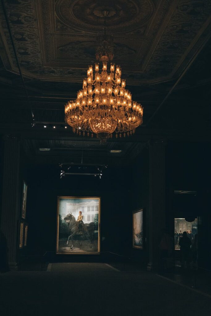 grand chandelier inside a museum