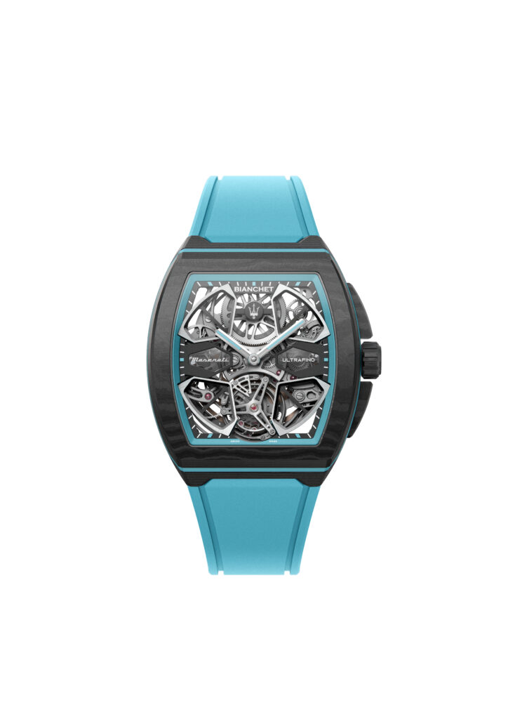 Maserati et Bianchet dévoilent UltraFino Maserati, le tourbillon volant du Trident 29 5. UltraFino Maserati Blue rubber Bracelet