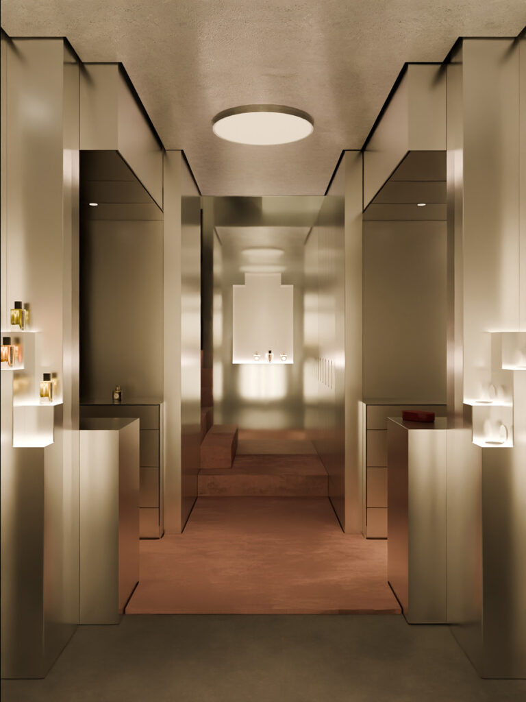 Caron, Rue Saint-Honoré: The Mirrorless Boutique 29 hall and stairs 1