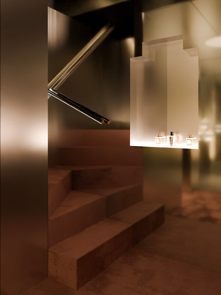 Caron, Rue Saint-Honoré: The Mirrorless Boutique 30 hall and stairs 2