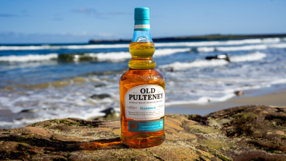 Old Pulteney Harbour bottle by the beach landscape