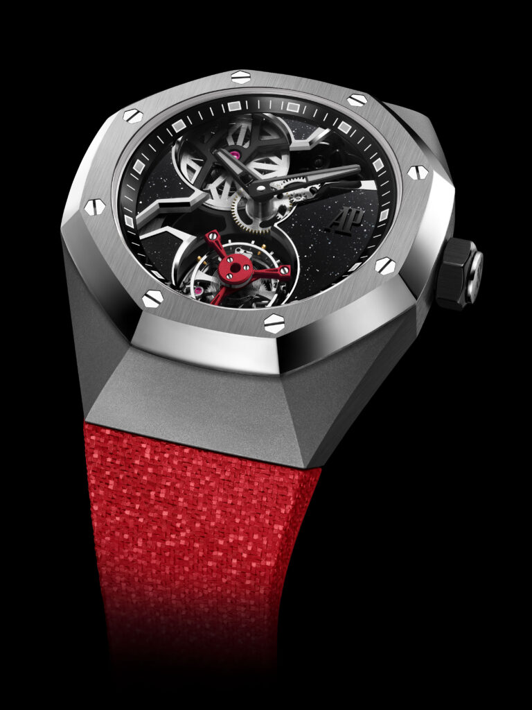 Audemars Piguet, Yoon et Verbal donnent une couleur pop au tourbillon 41 ROC 26643TI OO D002CA 01 closeup GP07 bracelet rouge.DIGITAL