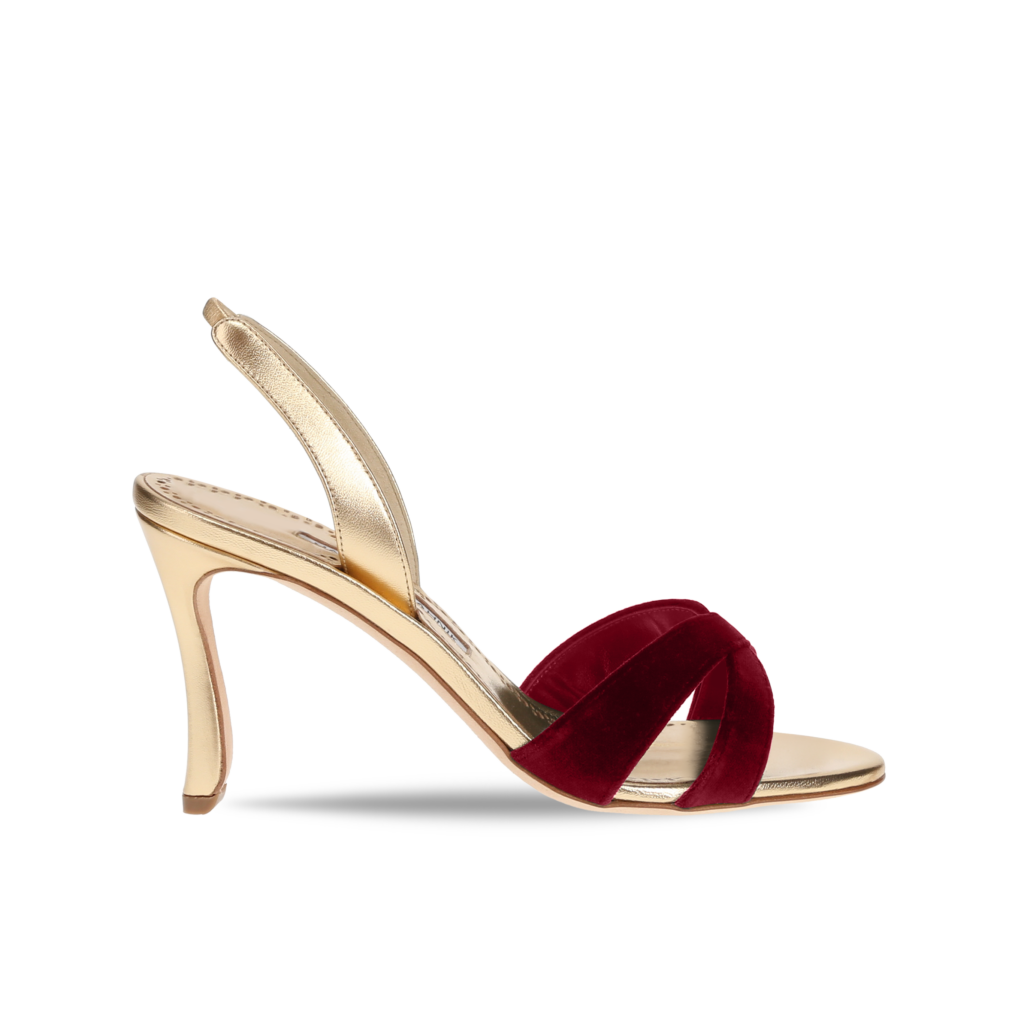 Manolo Blahnik et l’art de marcher : Paris comme carte personnelle 102 CALLYDRA VELVET DARK RED GOLD