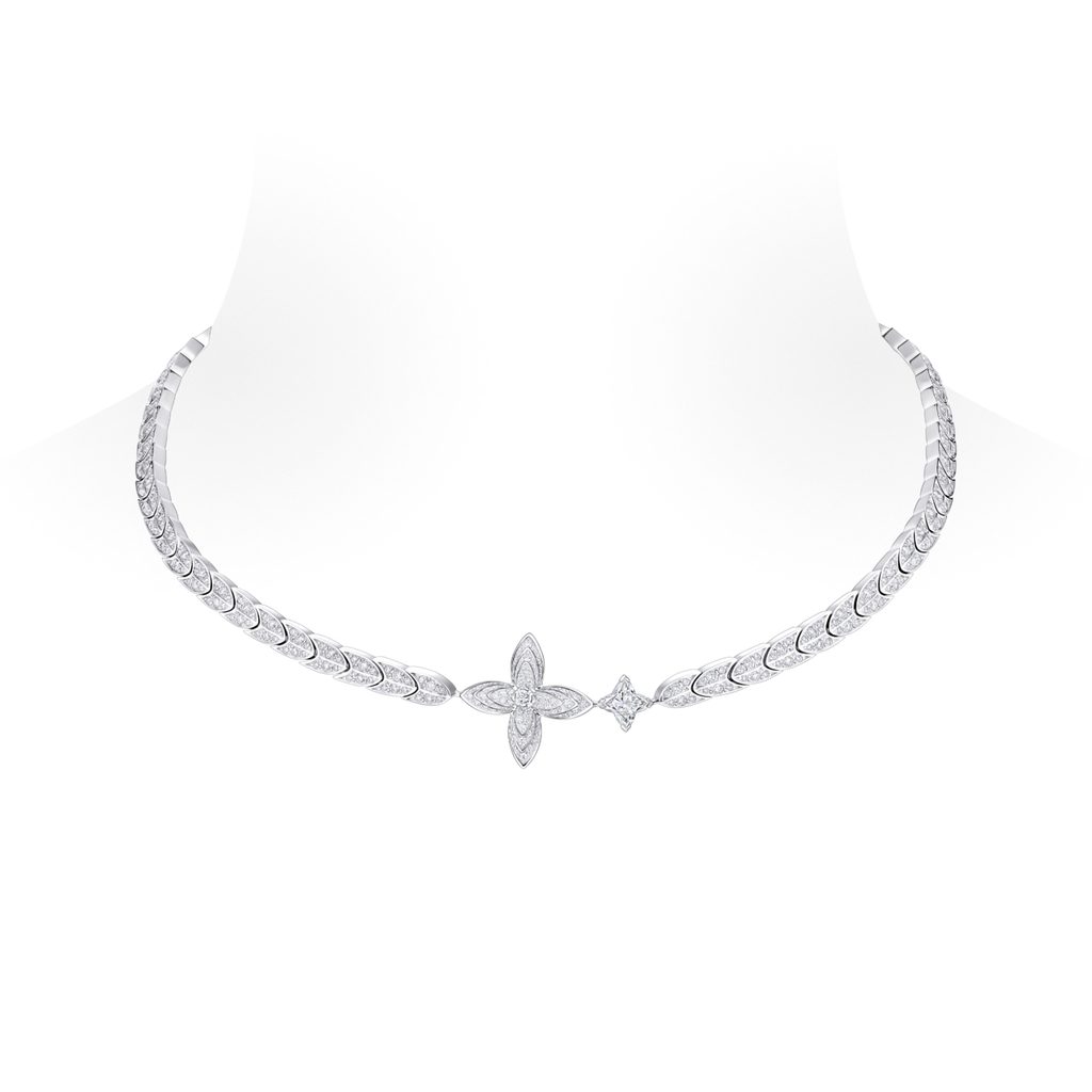 Louis Vuitton : la Fleur de Monogram prend du relief 30 COLLIER IDYLLE BLOSSOM EN OR BLANC ET DIAMANTS. LOUIS VUITTON HAUTE JOAILLERIE