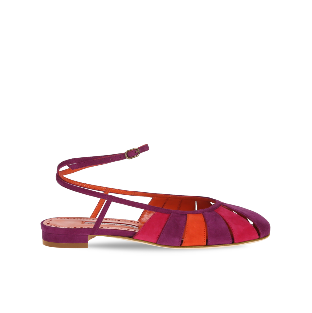 Manolo Blahnik et l’art de marcher : Paris comme carte personnelle 105 COLUDAD SUEDE PURPLE PINK ORANGE