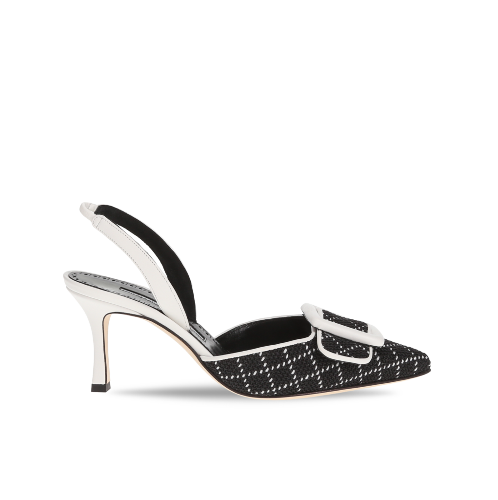 Manolo Blahnik et l’art de marcher : Paris comme carte personnelle 74 MAYSLIBI RAFFIA BLACK WHITE