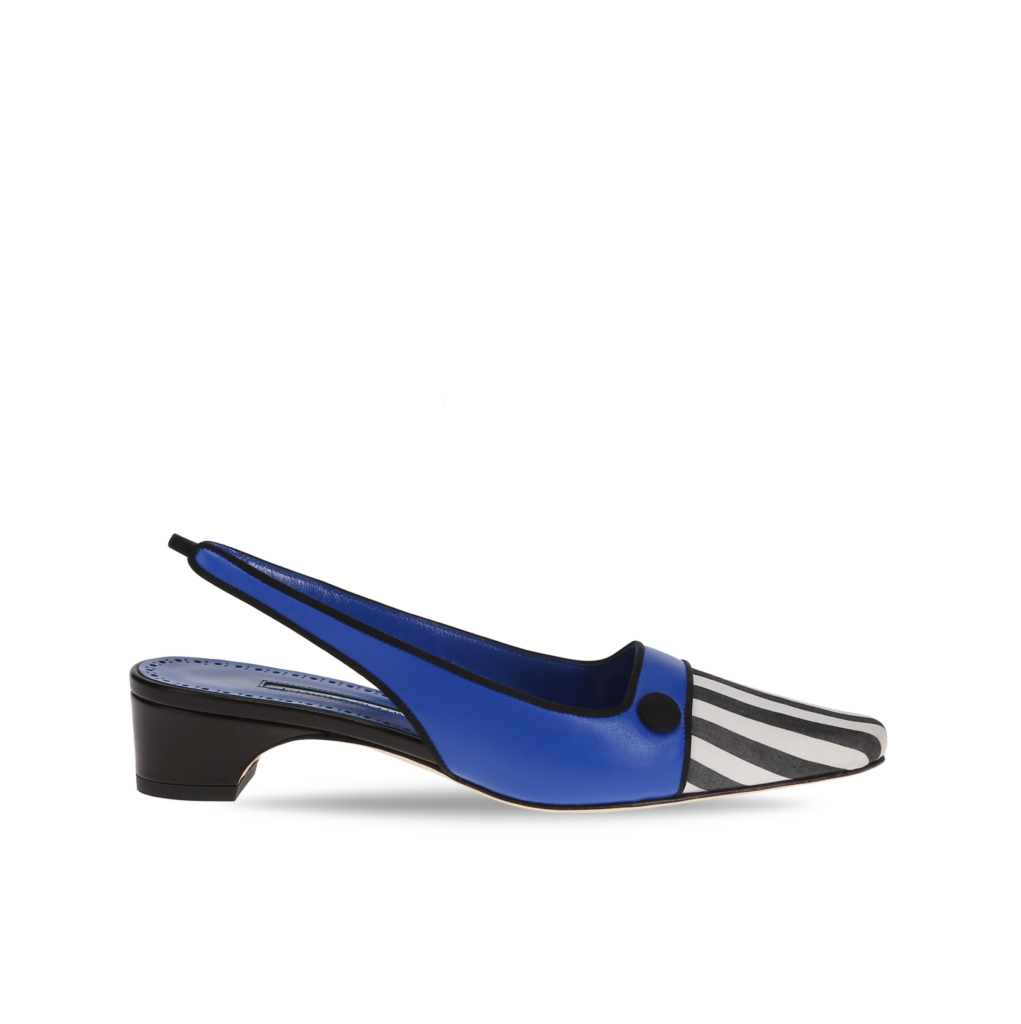 Manolo Blahnik et l’art de marcher : Paris comme carte personnelle 46 VICES NAPPA BRIGHT BLUE BLACK WHITE