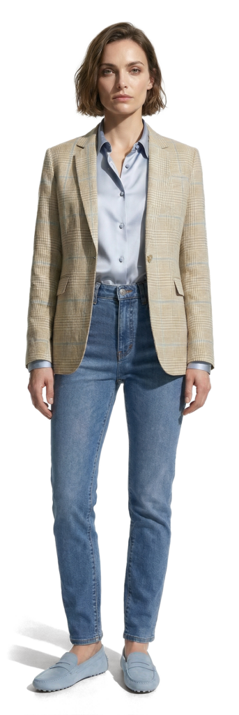 À Florence, la canicule a battu tous les records. Le tailleur, lui, a tenu bon 50 SS26 LB WOMAN LOOK 2 Meredith Kamper STUDIO BASIC FRONT 006 NO BG RESIZE