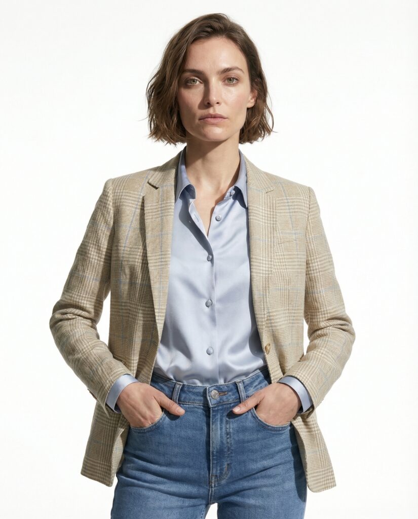 À Florence, la canicule a battu tous les records. Le tailleur, lui, a tenu bon 51 SS26 LB WOMAN LOOK 2 Meredith Kamper Studio Close up FRONT 010