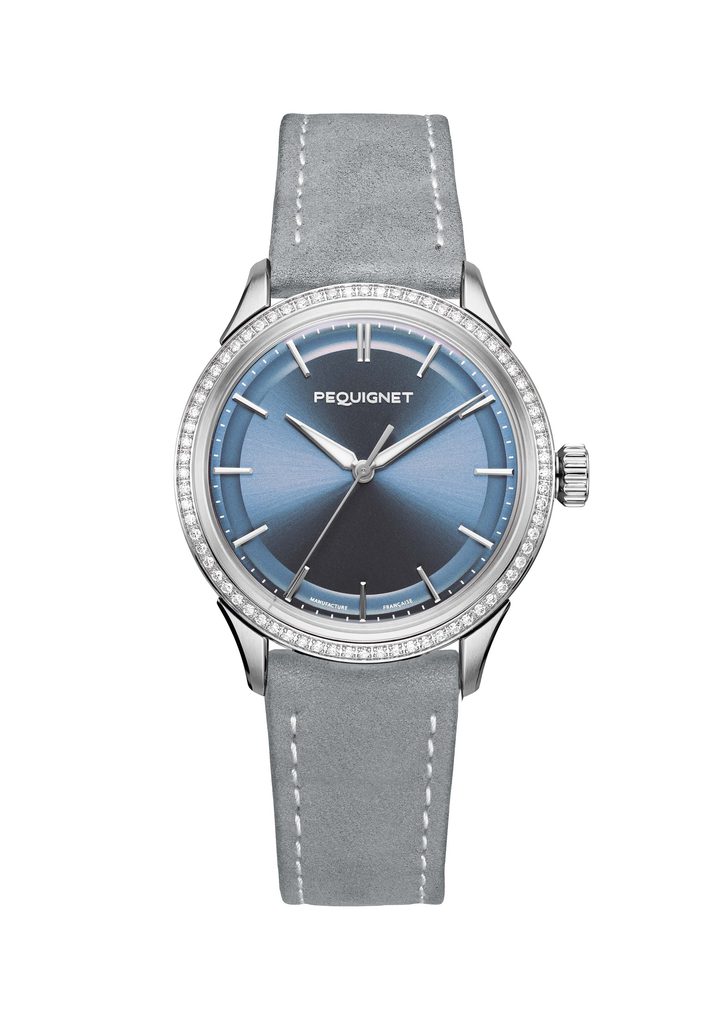 Pequignet ajoute 78 diamants à la Royale Paris pour un bleu glacier discret 26 9106319 1 bracelet cuir gris perle nubuck