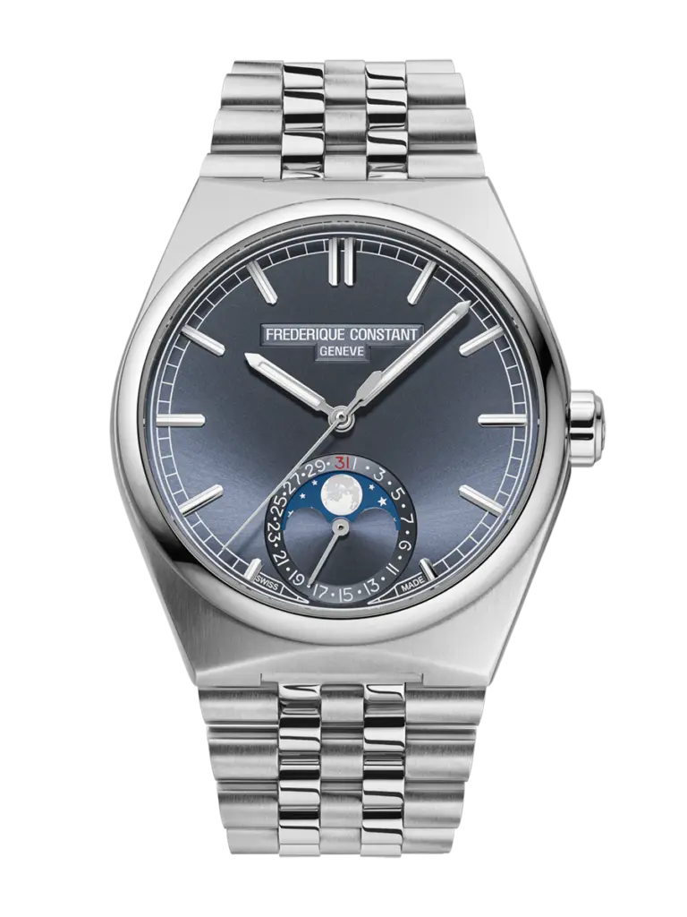 Frederique Constant loge la lune dans un boîtier sport-chic 68 FC 716BL3NH6 Extra Bracelet Front Web