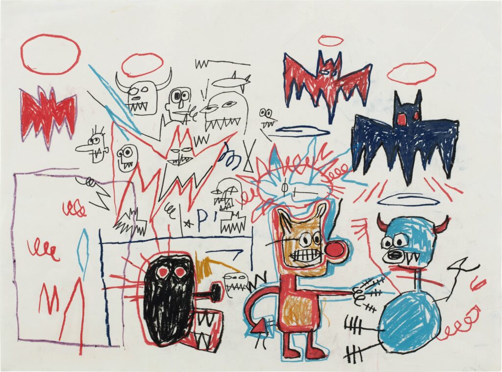 Opera Gallery Paris raconte l'amitié plutôt que la carrière de Warhol, Basquiat et Haring 26 Jean Michel Basquiat Batman 1983 Baton dhuile et feutre sur papier Oilstick and felt tip marker on paper 55.9 x 75.6 cm 22 x 29.8 in