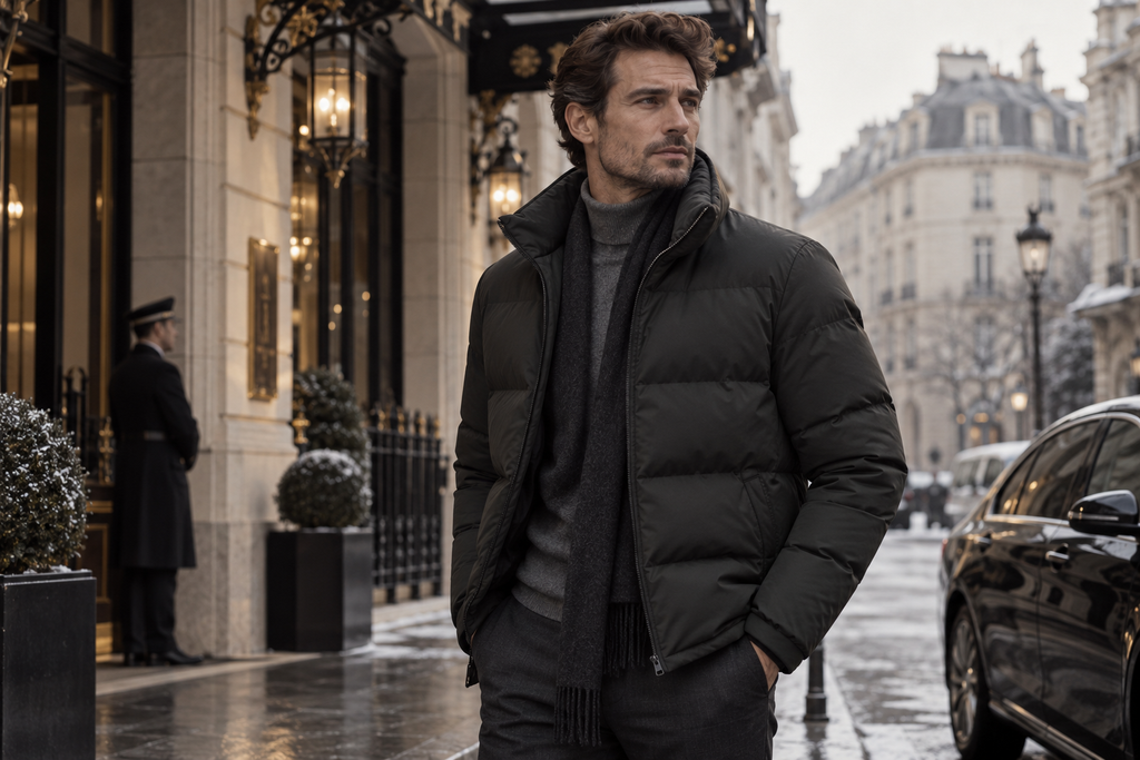 Doudoune homme, comment le luxe a réinventé la pièce phare de l'hiver 25 Winter Elegance Outside a Parisian Hotel 1